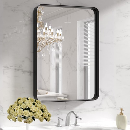 Black Metal Framed Bathroom Mirror for Wall, 22X30 Inch Rounded Rectangle Mir...