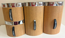 Vintage Kromex Canister Set 4 Woodgrain Coffee Tea Sugar Flour Mid Century