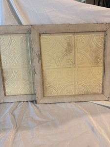 Antique Cream Embossed Tin Ceiling Tiles Framed in Wood Salvage Reclaimed Art