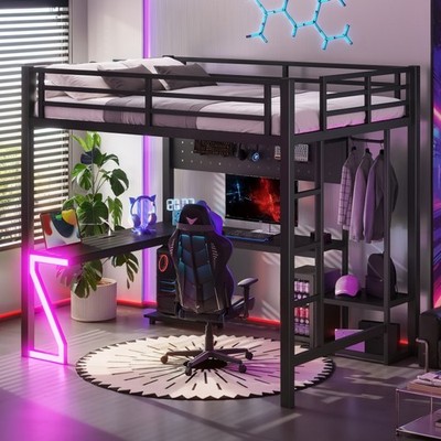 Full Metal Loft Bed w/L-shaped Desk,Computer Tray & Z-shaped Lights Black Bed