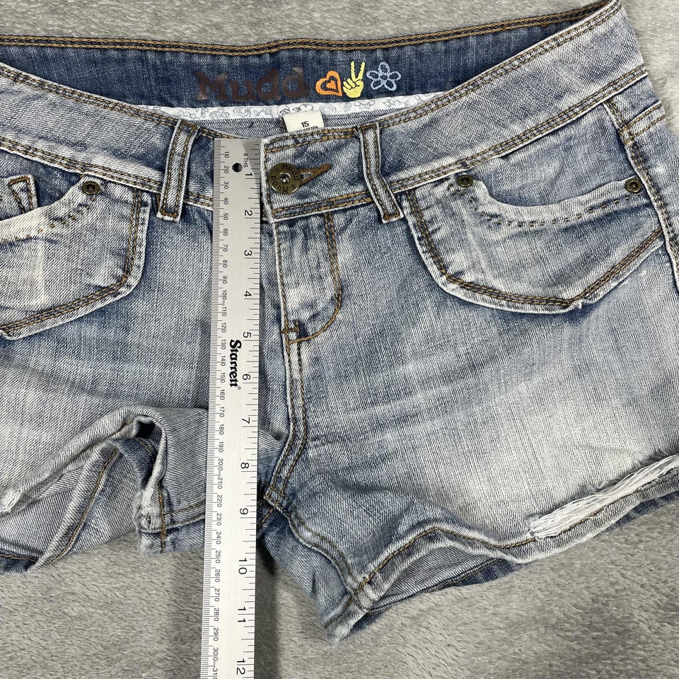 Pantalones Cortos Mudd Para Mujer Junior 15 Denim Envejecido Lavado Ligero Solapa Bolsillos DBJM1031 Foto 3 de 4