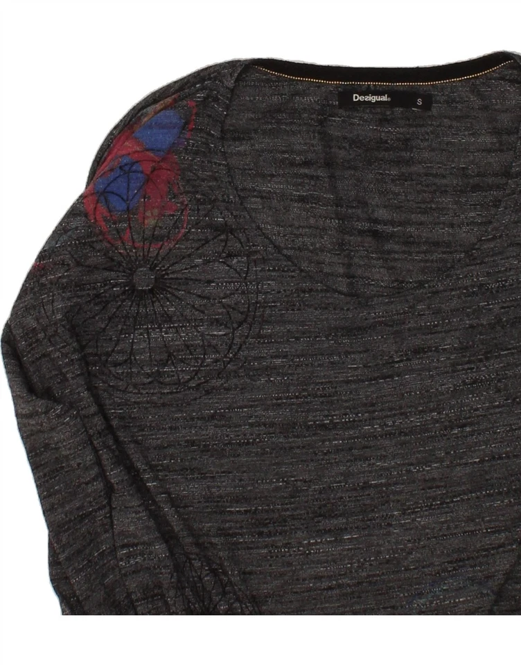 DESIGUAL Womens 3/4 Sleeve Crew Neck Jumper Sweater UK 8 Small Grey Floral CV05 - Image 3 of 3
