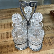 Antique Victorian Decanter Set Trio Silver Plate Caddy Cut Crystal Whiskey CHIPS