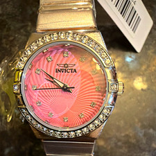 Invicta Women Analog Pink Sunburst Dial Diamond Markers Date Silver SS w/ Box