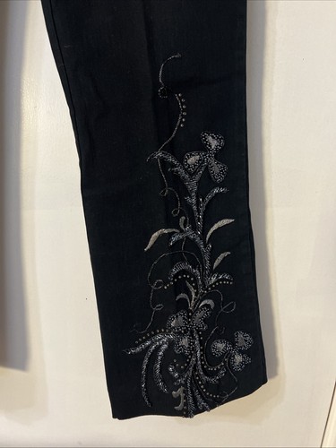 Cache Jeans Black Vintage Size 6 Unique Design Floral Beaded Wide Led Y2K - Picture 2 of 8