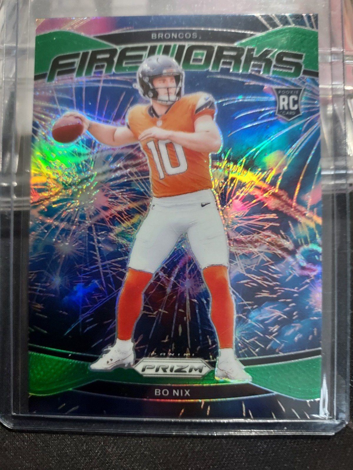 2024 Panini Prizm #23 Bo Nix Fireworks Green Ice Prizm RC ROOKIE SSP INVEST HEAT