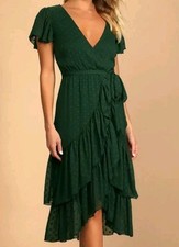 LULUS Dark Green Swiss Dot Ruffled Faux Wrap Midi Dress NWT Sz L