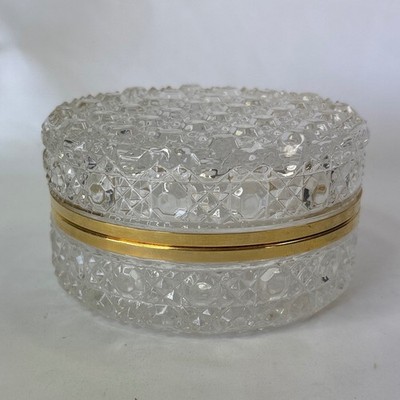 Vintage Cane Cut Crystal Trinket Box Round Hinged Jewelry Dish Gold Tone Rim