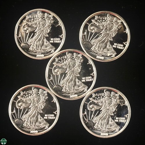 1 Gram 0.999 Fine Silver Bars - Lot of 5 - Liberty Walking on the Sun