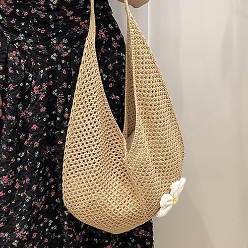 Women Braided Bag Korean Style Shoulder Tote Bag Knitted Hollow Flower Beach Bag - Picture 6 of 16