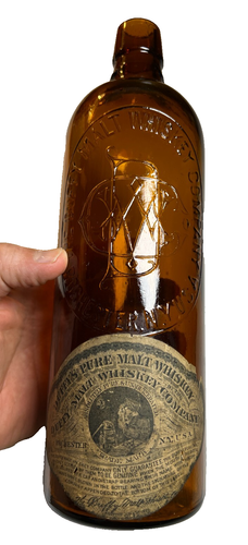 Antique Duffy’s Pure Malt Whiskey Bottle w/ LABEL Amber Glass Rochester NY 1890s
