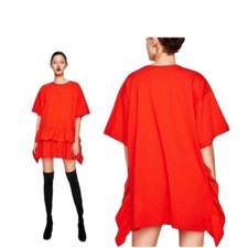 Zara W/B NEW Oversized Poplin Ruffles Dress Lightweight Boxy Tunic Cotton Shift