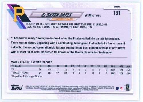 Ke'Bryan Hayes RC Base - Topps Chrome 2021 - Pittsburgh Pirates Rookie #191 - Picture 2 of 2
