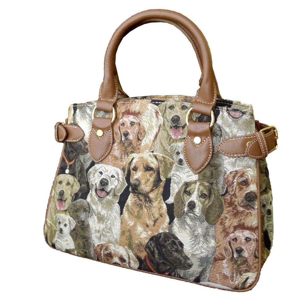 Tapestry Crossbody Bag Top Handle Purse w/ Center-Compartment - DOG Design