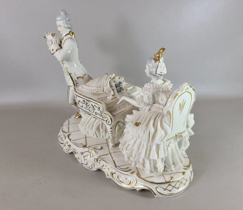 Dresden Franziska Hirsch Porceline Figurine Flute Lord & Piano Lady Gold Gilding - Image 2 of 4