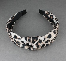 Black Cream turban knot headband cheetah leopard jersey fabric hair grip teeth