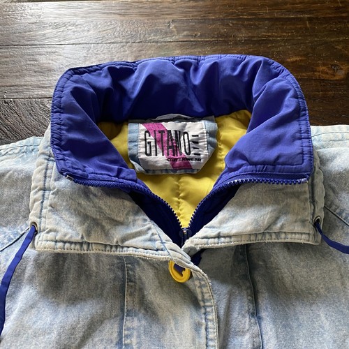VTG 80s 90s GITANO Acid / Stone Wash Denim Puffer Coat Purple Yellow Buttons S - Picture 2 of 17