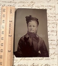Antique Clear 1870 Tintype Photo Of A Widow In Mourning Dress With Beaded Veil