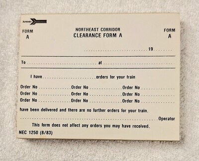Amtrak 1983 Northeast Corridor Form A Pad