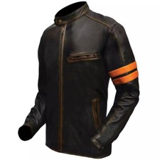 Men OX Yellow Strips Distressed Black Real Sheep Bike Leather Jacket Lamb Skin