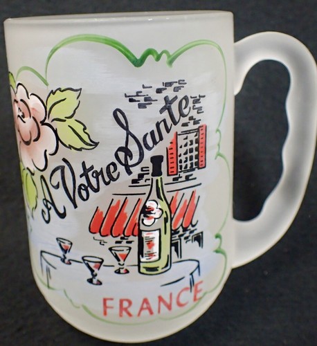 Tazze vintage in vetro smerigliato metà secolo con toast in diverse lingue e grafica - Foto 6 di 10