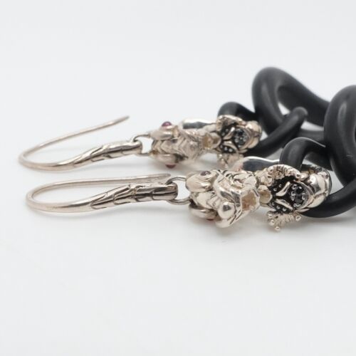 John Hardy Sterling Silver Naga Dragon Black Sapphire Ruby Dangle Earrings - Picture 3 of 8
