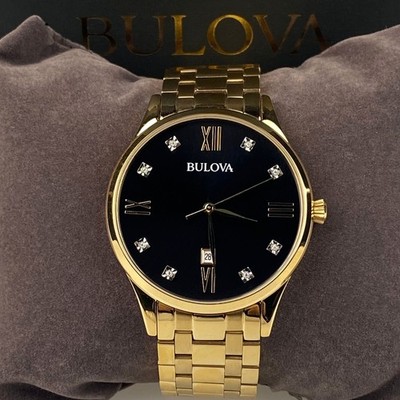 Bulova Classic Diamond 97D108 Men's Quartz Watch Black Dial Gold Bracelet 40mm