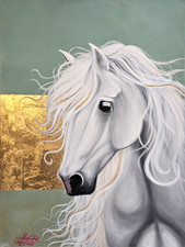 PINTURA ORIGINAL CABALLO SOBRE LIENZO 80 X 60 Cm - El Soberano Tranquilo - HOJA DE ORO