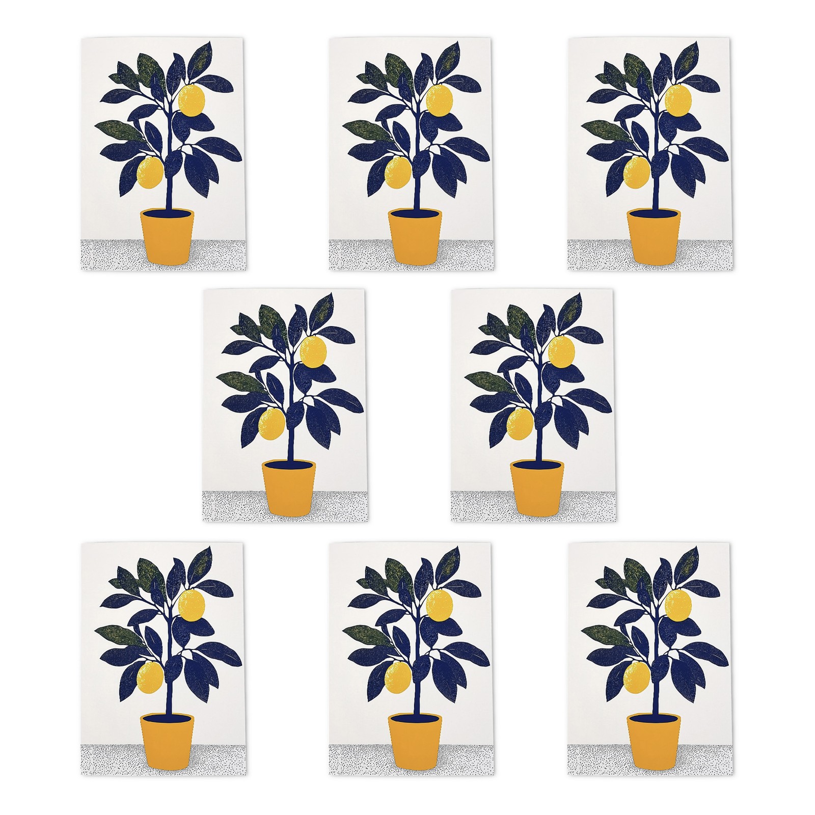 Lemon Tree Plant Lover Yellow Blue Bright Simple Art Cards Pack of 8, Blank A6