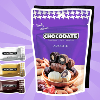 Chocodate Assorted   Datteln mit Milch-, Dunkel- & Weißschokolade & Mandeln