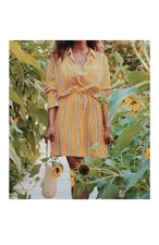 Krazy Kat Yellow Stripe Drawstring Waist Button Front Oversized Shirt Dress Sz L