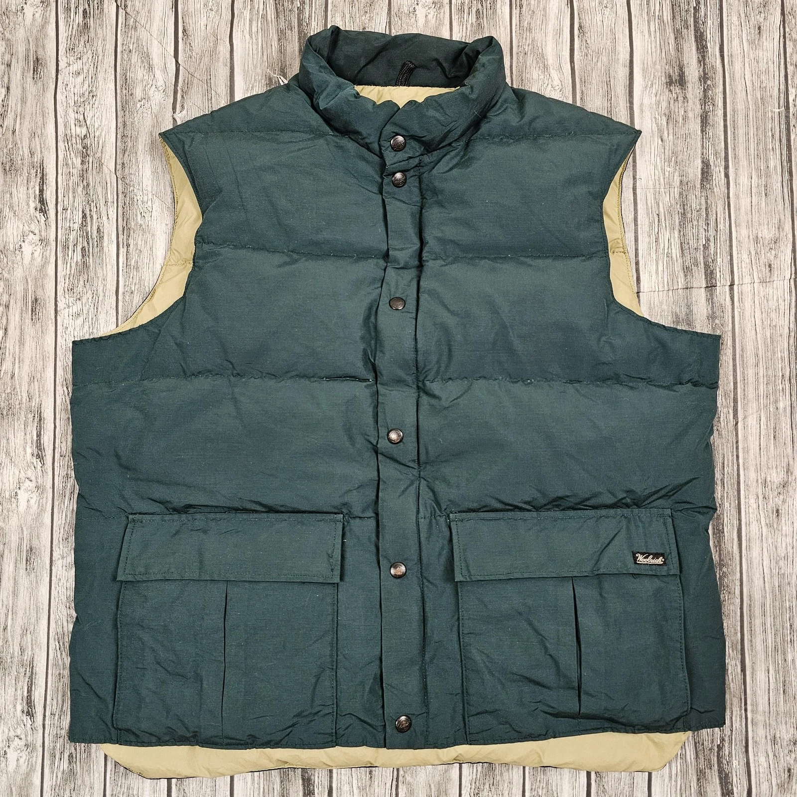 Vintage Woolrich Down Vest Mens L Green Puffer Quilted Snap Made USA Outdoor
