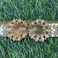 Vintage Womens Belt Gold Tone Shell Rhinestone 70s 80s Disco Glam Stretch