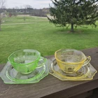 Vintage 1930's Anchor Hocking Princess  Glass 1 Green 1 Yellow Cups And Saucers