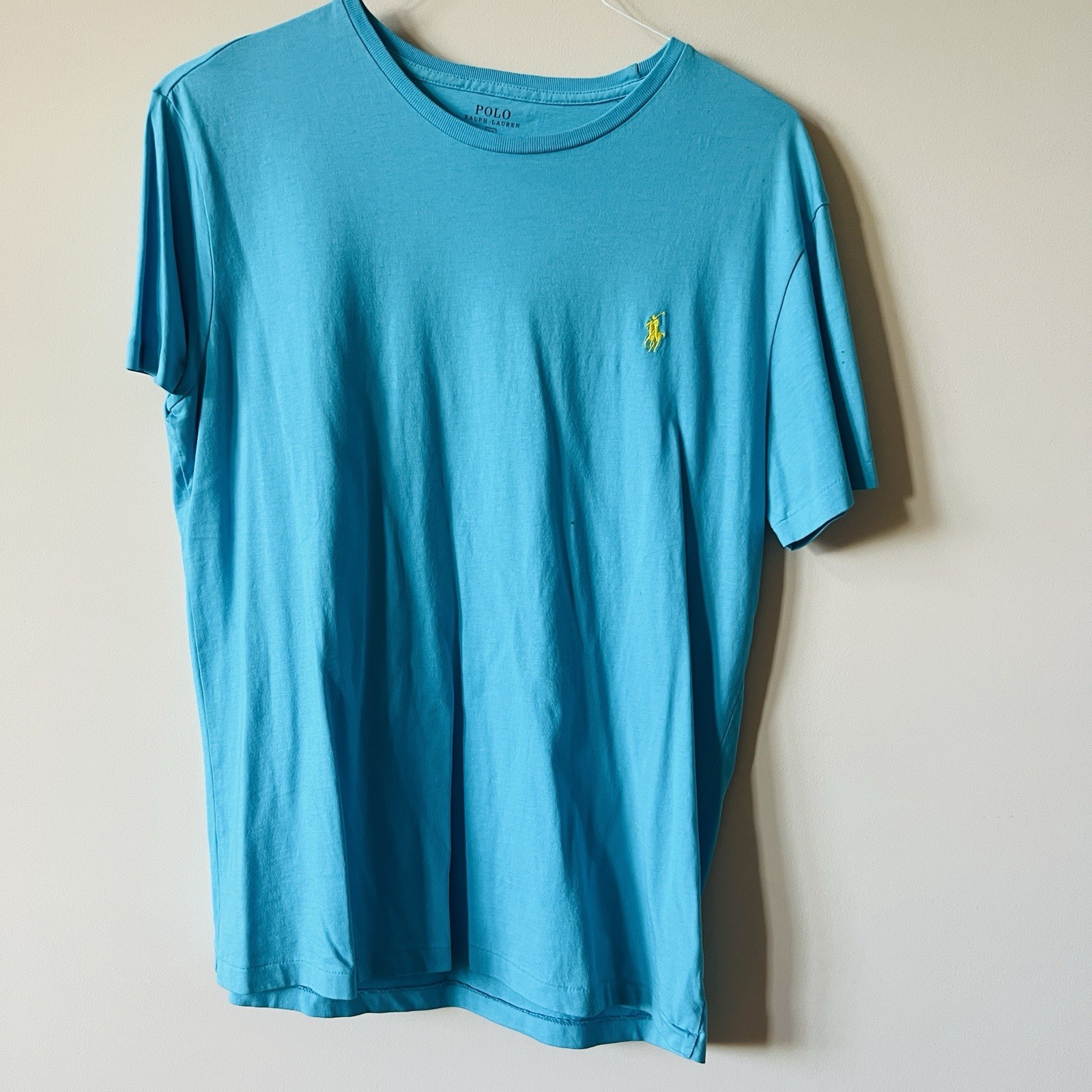 Polo Ralph Lauren camicia uomo blu medio girocollo giallo pony cotone