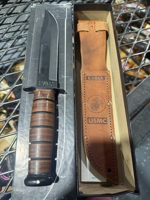 KA-BAR USMC 1217 Fixed Blade Utility Knife Leather Handle Sheath Straight Edge