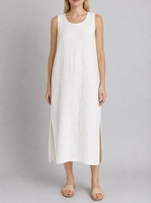Flax Slipster Linen Maxi Dress Womens P White Coastal Beachy Cottage Lagenlook
