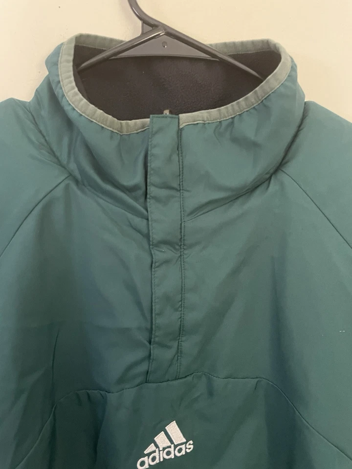 阿迪达斯复古 90 年代? 男式绿色抓绒衬里尼龙风衣套衫 XL Y2K — 第 2/4 张图片