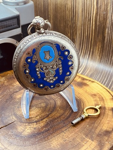 Antico orologio da tasca Ancre Key Wound C.Fleury con cassa e chiave smaltata blu #8394
