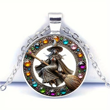 Hexe Kette Anhänger Rund 🎃 Glas 🧹Cabochon Bunt 🔮 Gothic Vintage Geschenk