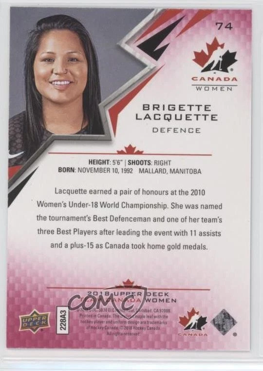 2018 Upper Deck Team Canada Juniors Exclusives /225 Brigette Lacquette #74 - Image 2 of 2