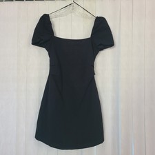 Zara Sz M Black LBD Linen Blend Puff Sleeve Criss Cross Open Back Mini Dress NWT