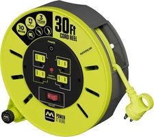 Masterplug 30ft Cord Reel Retractable Extension Lead 4 Outlets 16AWG 10A (5-1)