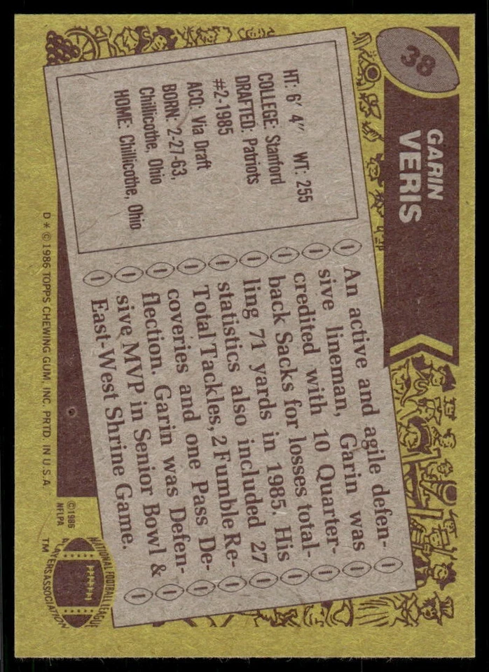 1986 Topps - Garin Veris #38 C* on Copyright Line (RC) - Image 2 of 2