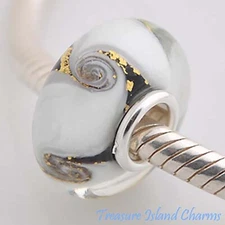 White Black Swirl Foil Murano Glass 925 Sterling Silver European Bead Charm
