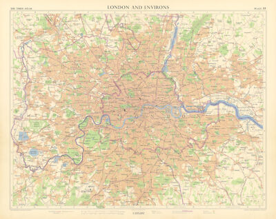 Greater London. Eisenbahnen Kanäle Stromübertragungsleitungen. TIMES 1955 Karte