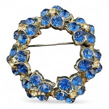 Vintage Silver Tone With Blue And Clear Rhinestones Wreath Brooch
