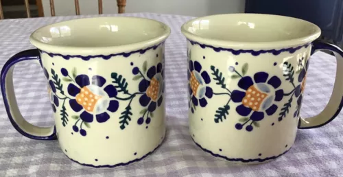 PAIR OF POLISH POTTERY HAND MADE BOLESLAWIEC 12 OZ. COFFEE/TEA MUGS, NEW