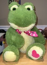 Dan Dee Collector's Choice Plush Green Fluffly Frog Red Ribbon Heart 20