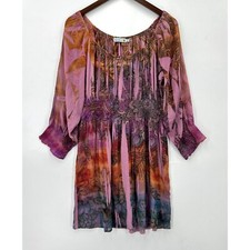 Unity World Wear Dress Womens Pullover Boho Floral Smocked Lined Multicolor L